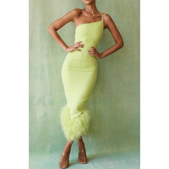 House of CB Dresses & Skirts - House Of CB Alessia Feather Trim Midi Dress - Xl Lime